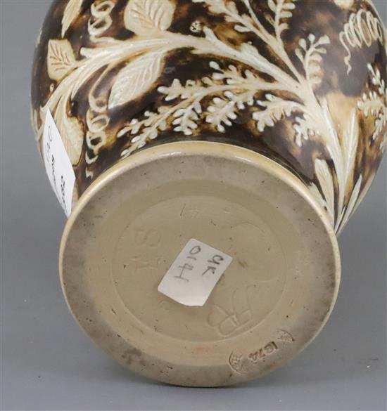 Frank A Butler and Eliza Simmance (?) for Doulton Lambeth, a seaweed design baluster vase, dated 1874 18cm